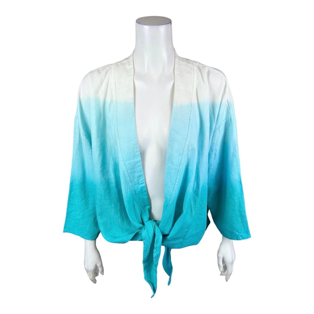 Denim & Co. Naturals Linen Blend Ombre Tie Front Shrug Bright Aqua Medium Size